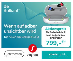 Das Bild zeigt ein Hörgerät mit Box vor türkisem Hintergrund. Außerdem befindet sich auf dem Bild noch Text zum Produkt.